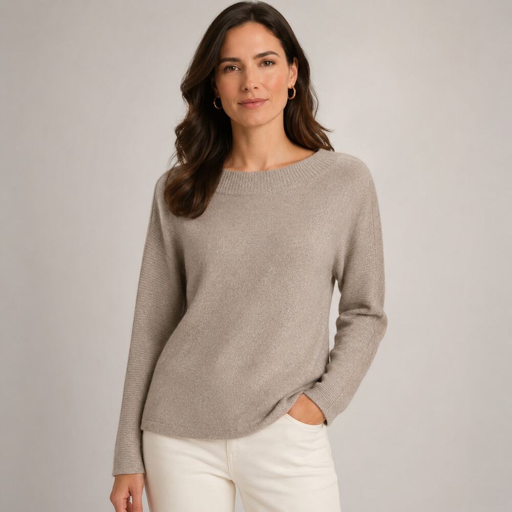 Talbots Wool Blend Metallic Knit Boatneck Sweater‎ Neutral Small Quiet Luxury